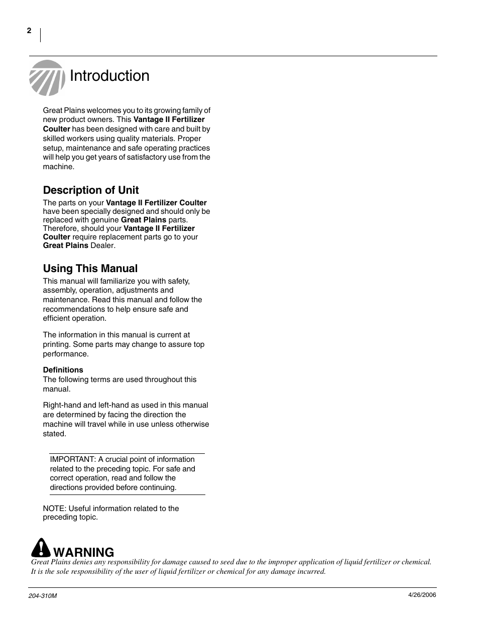 Introduction, Warning | Great Plains Vantage II Fertilizer Coulters User Manual | Page 4 / 27