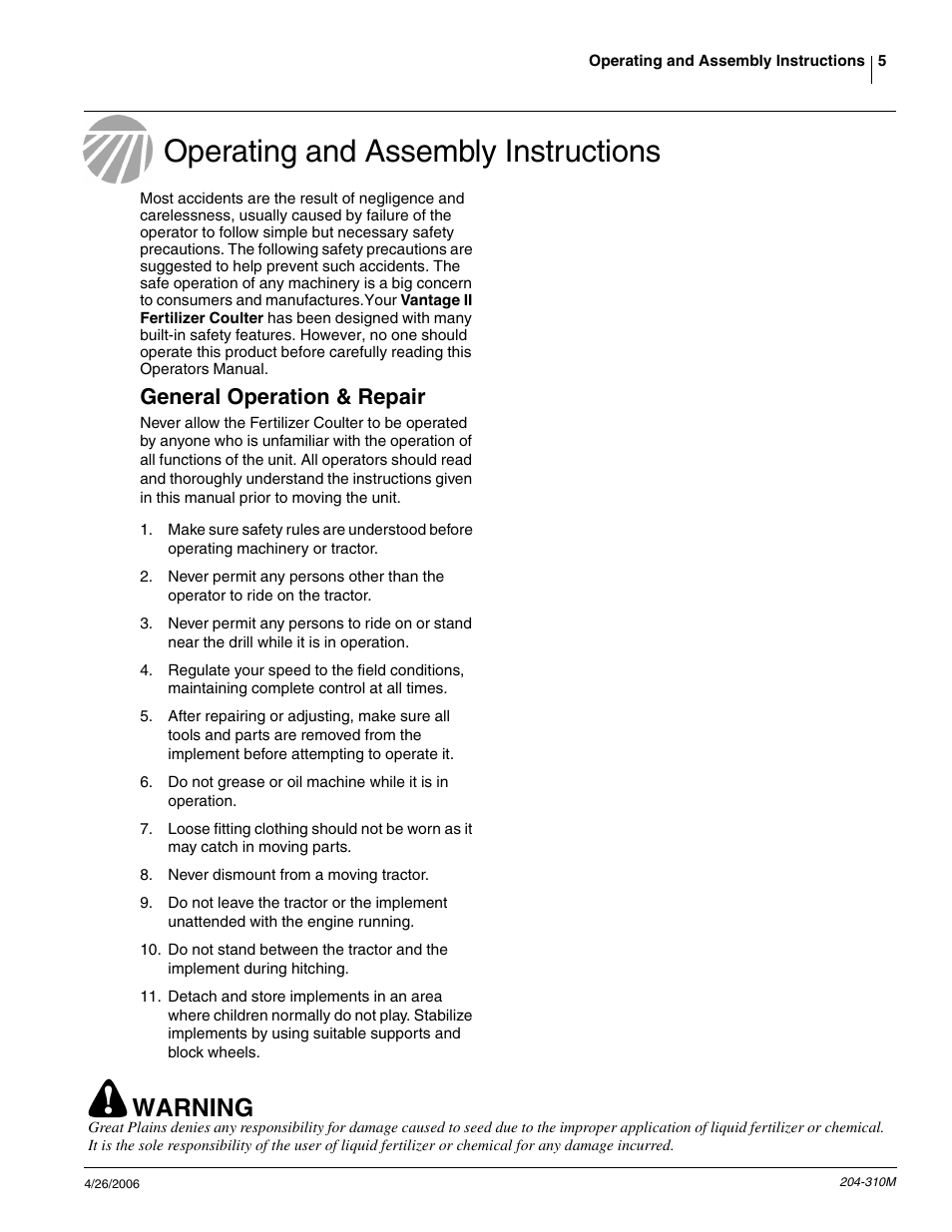 Operating and assembly instructions, Warning, General operation & repair | Great Plains Vantage II Fertilizer Coulters User Manual | Page 7 / 27