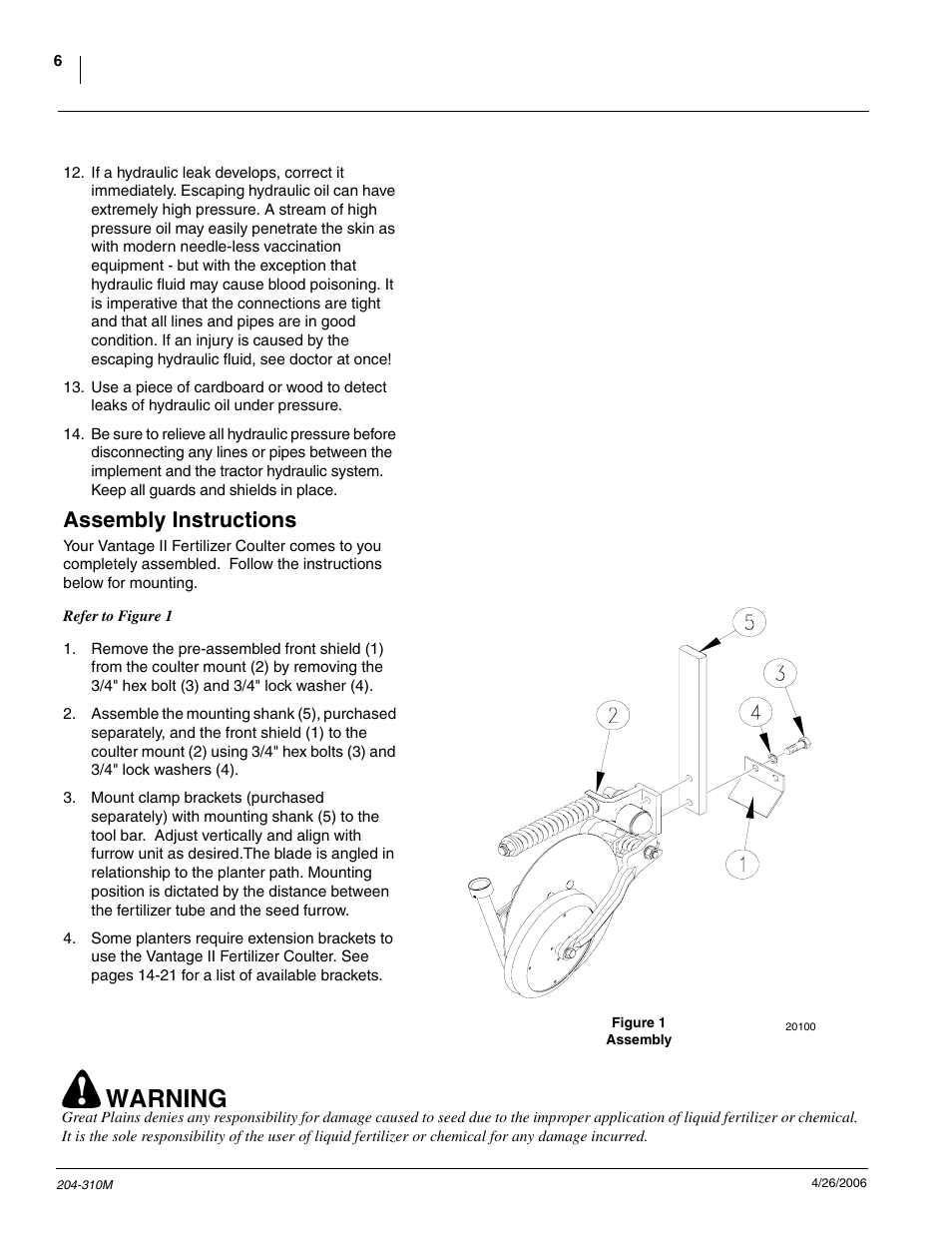 Warning, Assembly instructions | Great Plains Vantage II Fertilizer Coulters User Manual | Page 8 / 27