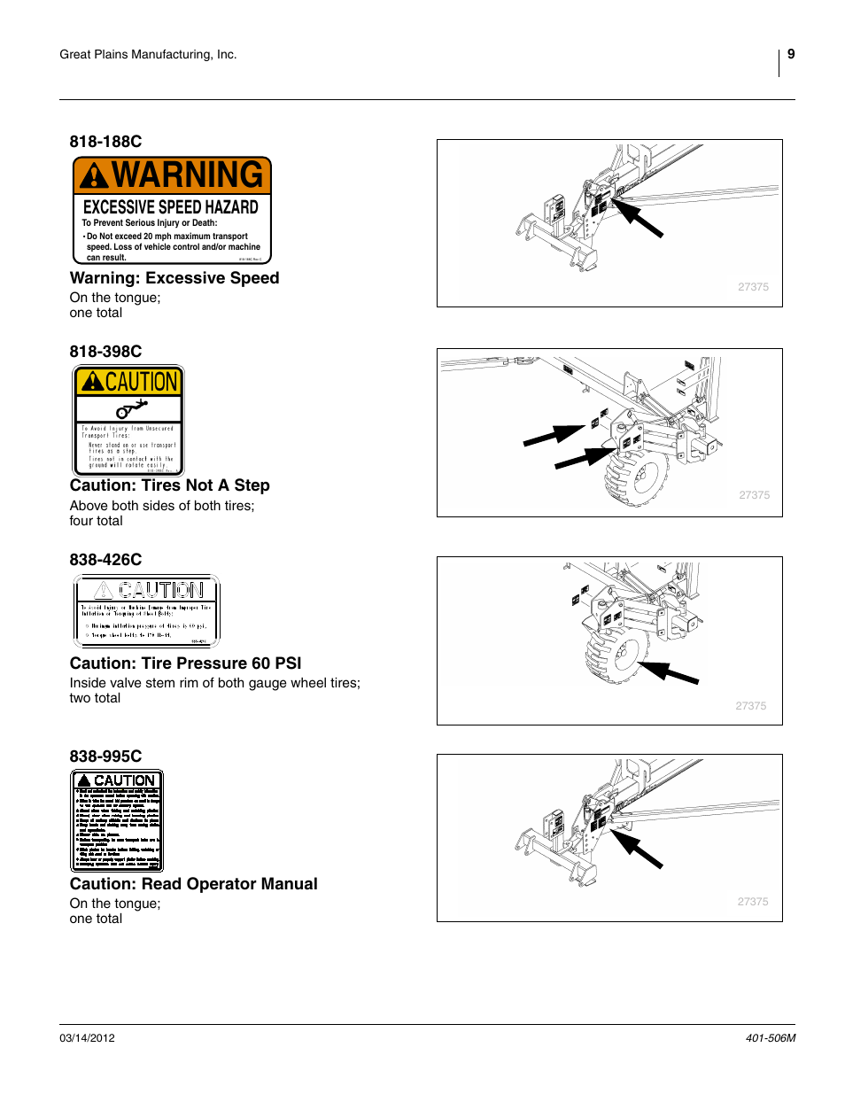 Warning, Excessive speed hazard | Great Plains YP1220 Operator Manual User Manual | Page 13 / 90