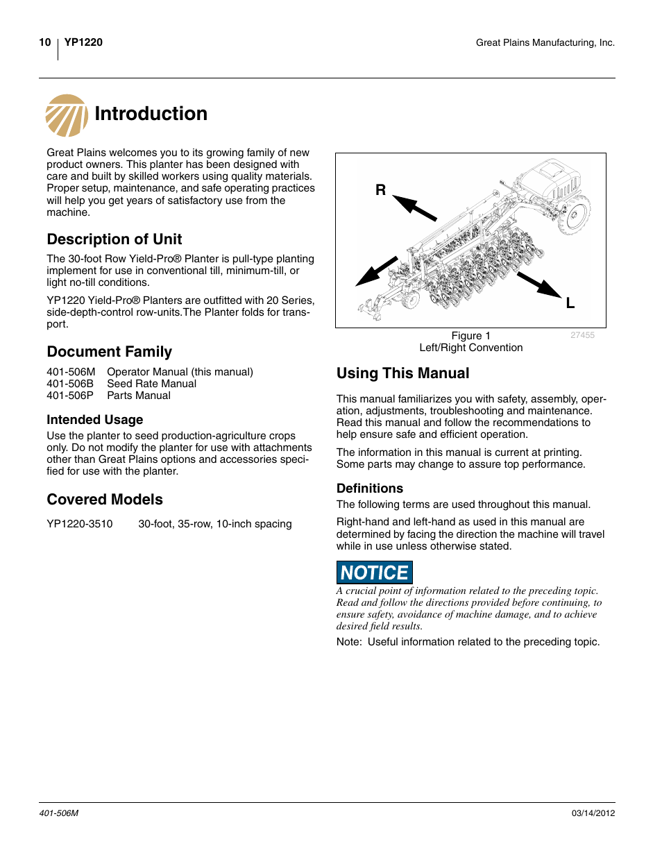 Introduction, Description of unit, Document family | Intended usage, Covered models, Using this manual, Definitions, Introduction description of unit document family, Covered models using this manual | Great Plains YP1220 Operator Manual User Manual | Page 14 / 90