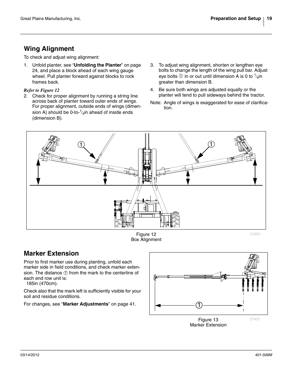 Wing alignment, Marker extension, Wing alignment marker extension | Great Plains YP1220 Operator Manual User Manual | Page 23 / 90