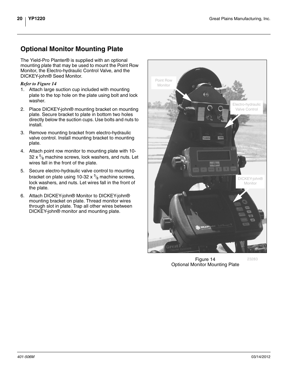 Optional monitor mounting plate | Great Plains YP1220 Operator Manual User Manual | Page 24 / 90