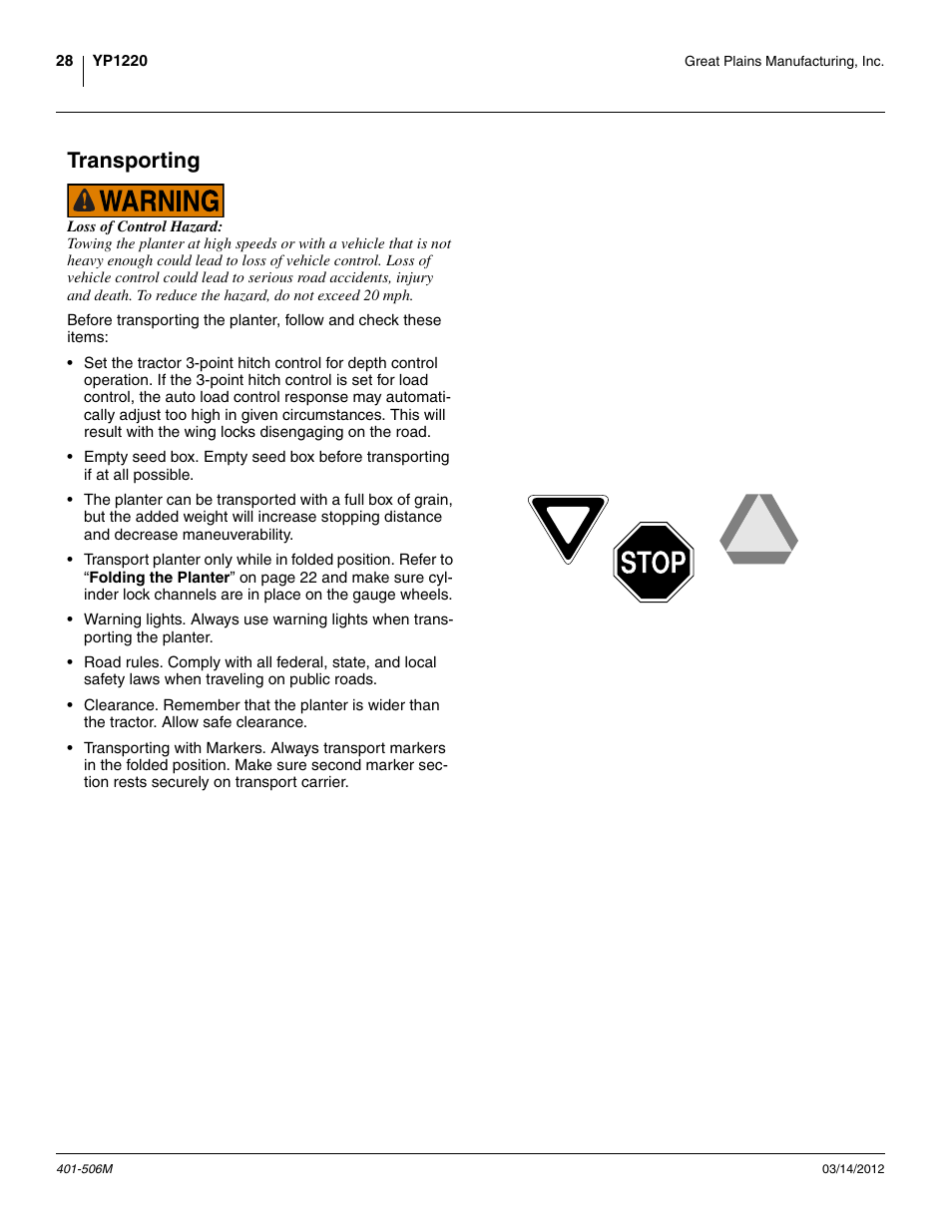 Transporting | Great Plains YP1220 Operator Manual User Manual | Page 32 / 90