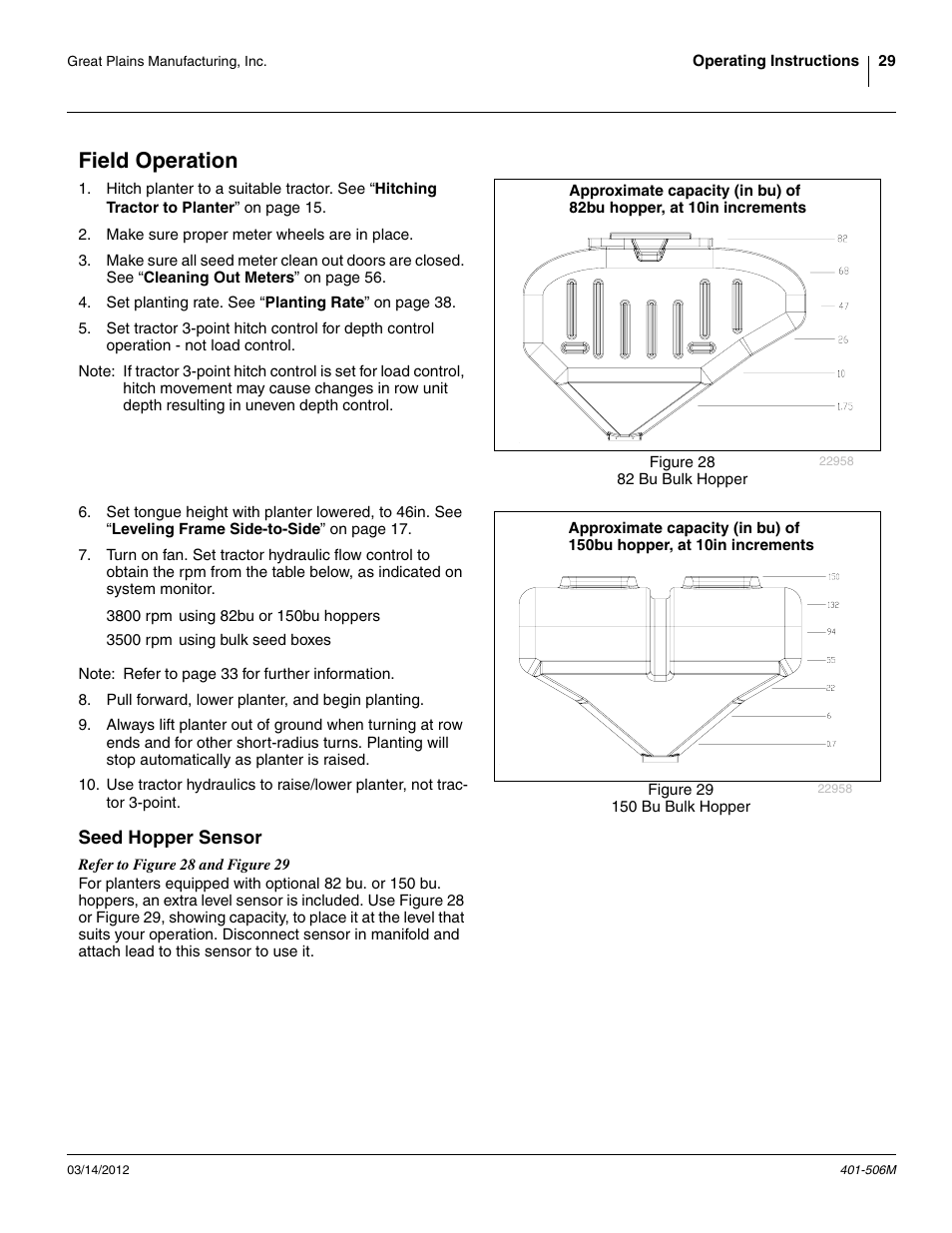Field operation, Seed hopper sensor | Great Plains YP1220 Operator Manual User Manual | Page 33 / 90