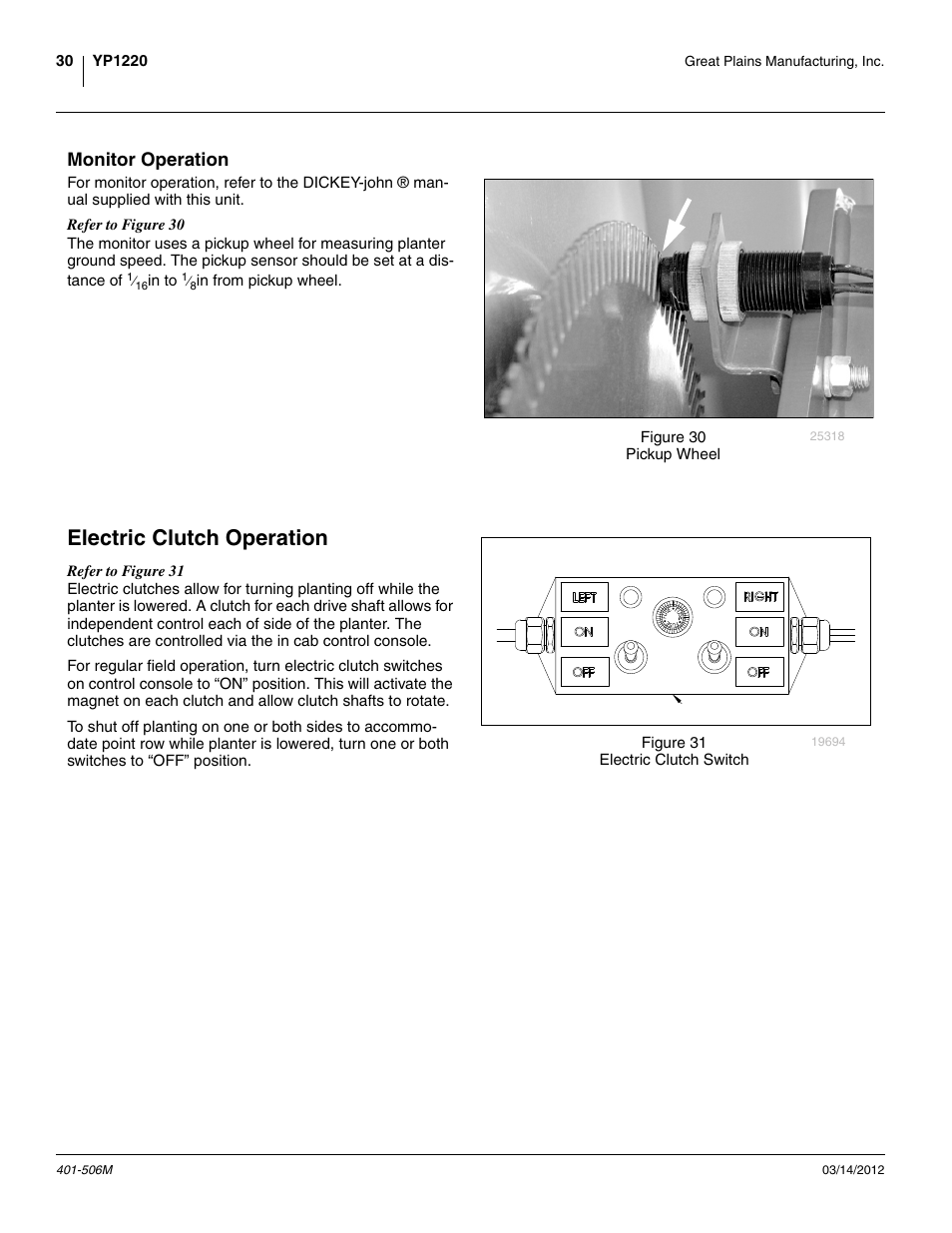Monitor operation, Electric clutch operation | Great Plains YP1220 Operator Manual User Manual | Page 34 / 90