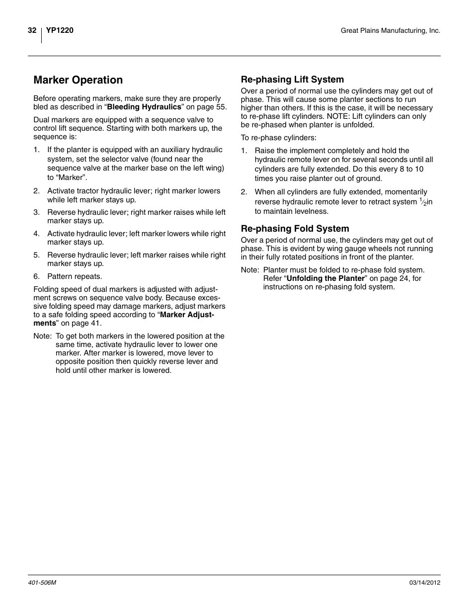 Marker operation, Re-phasing lift system, Re-phasing fold system | Re-phasing lift system re-phasing fold system | Great Plains YP1220 Operator Manual User Manual | Page 36 / 90