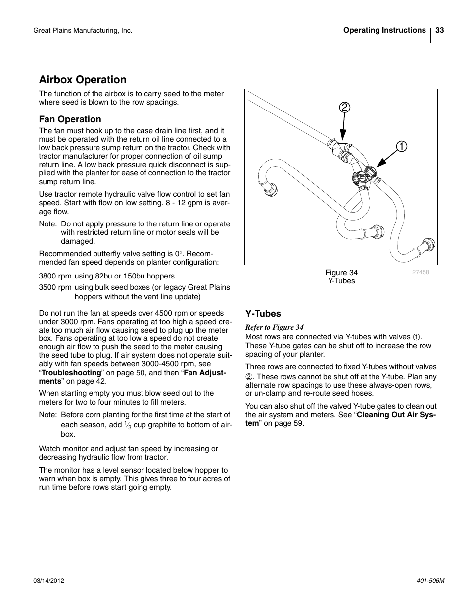 Airbox operation, Fan operation, Y-tubes | Fan operation y-tubes | Great Plains YP1220 Operator Manual User Manual | Page 37 / 90