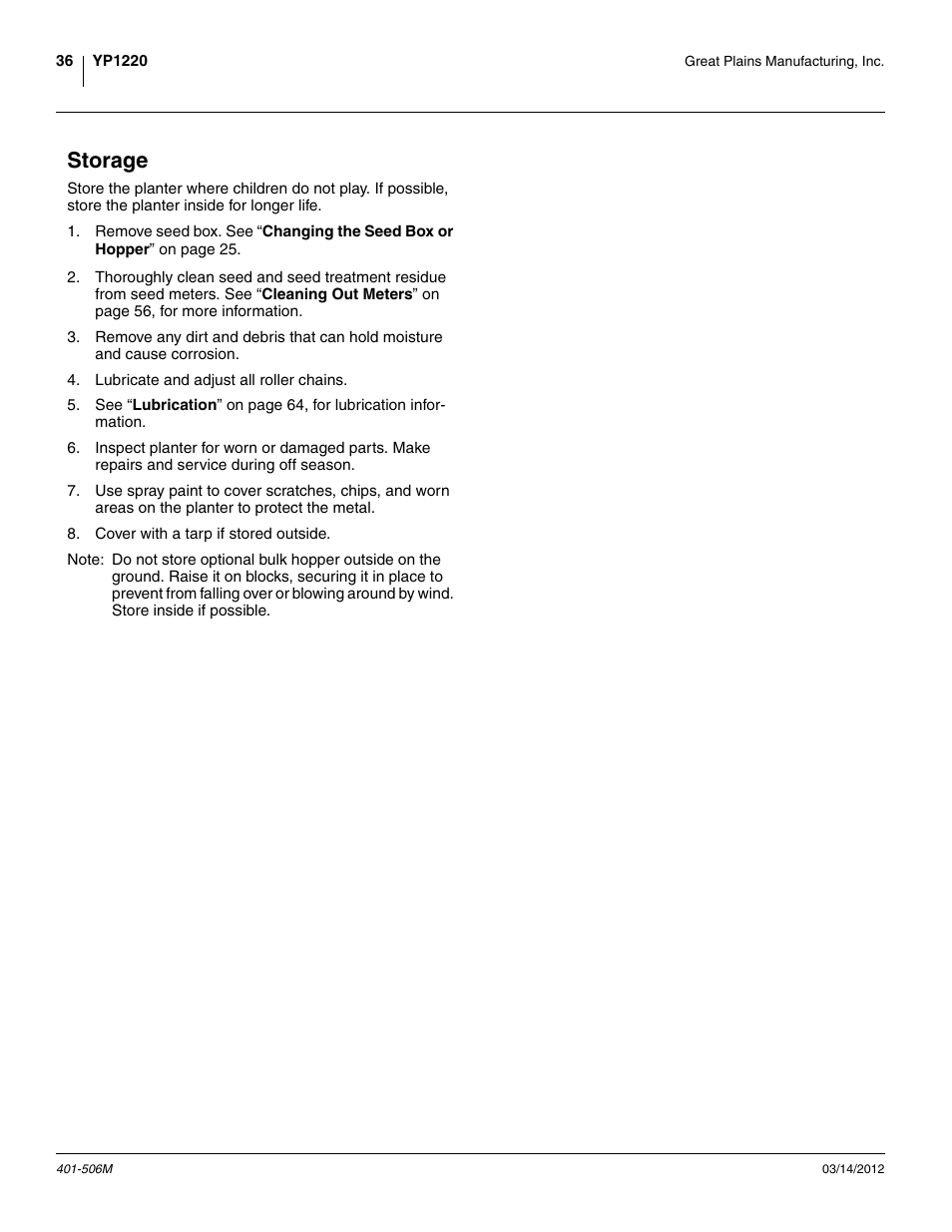 Storage | Great Plains YP1220 Operator Manual User Manual | Page 40 / 90