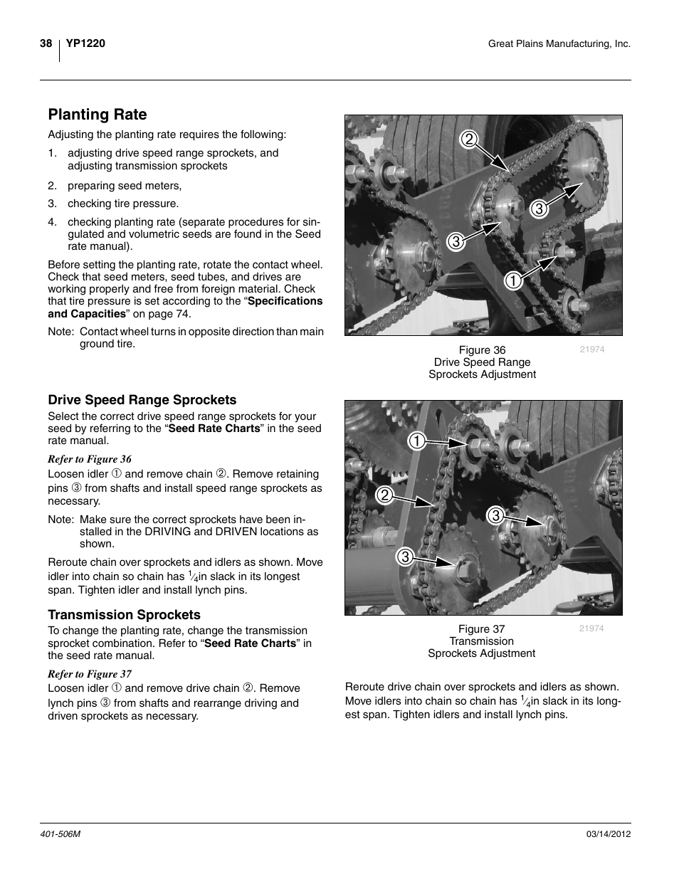 Planting rate, Drive speed range sprockets, Transmission sprockets | Drive speed range sprockets transmission sprockets | Great Plains YP1220 Operator Manual User Manual | Page 42 / 90