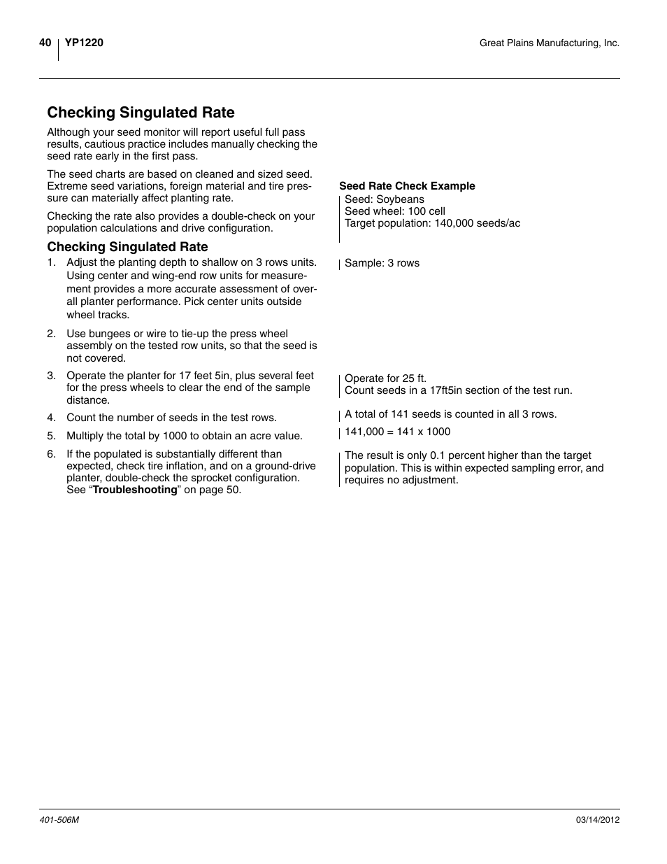 Checking singulated rate, Seed rate check example | Great Plains YP1220 Operator Manual User Manual | Page 44 / 90