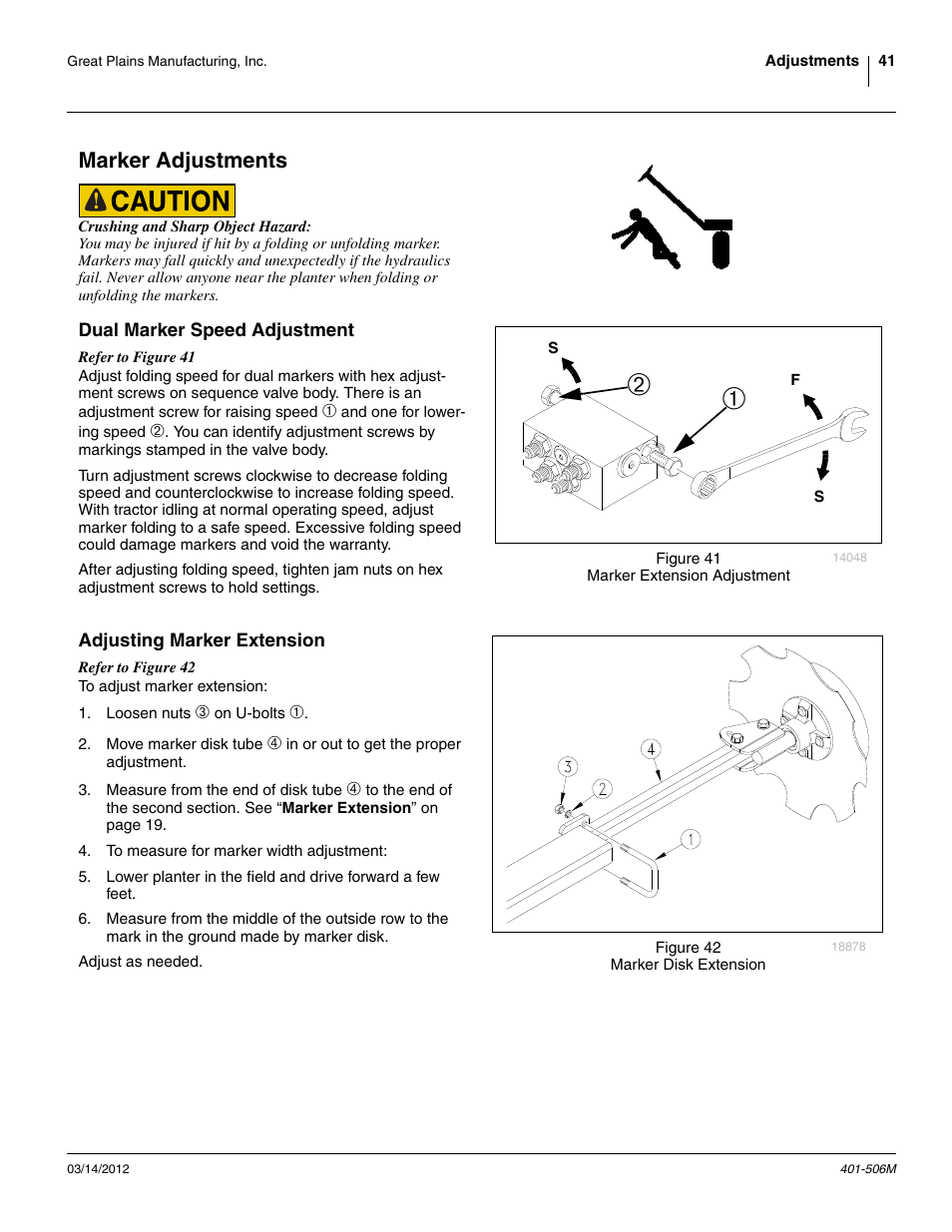Marker adjustments, Dual marker speed adjustment, Adjusting marker extension | Great Plains YP1220 Operator Manual User Manual | Page 45 / 90