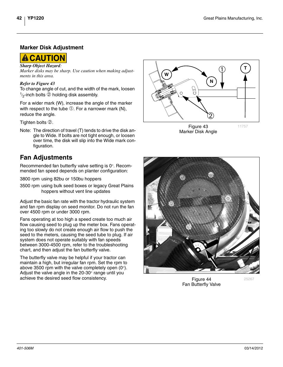 Marker disk adjustment, Fan adjustments | Great Plains YP1220 Operator Manual User Manual | Page 46 / 90