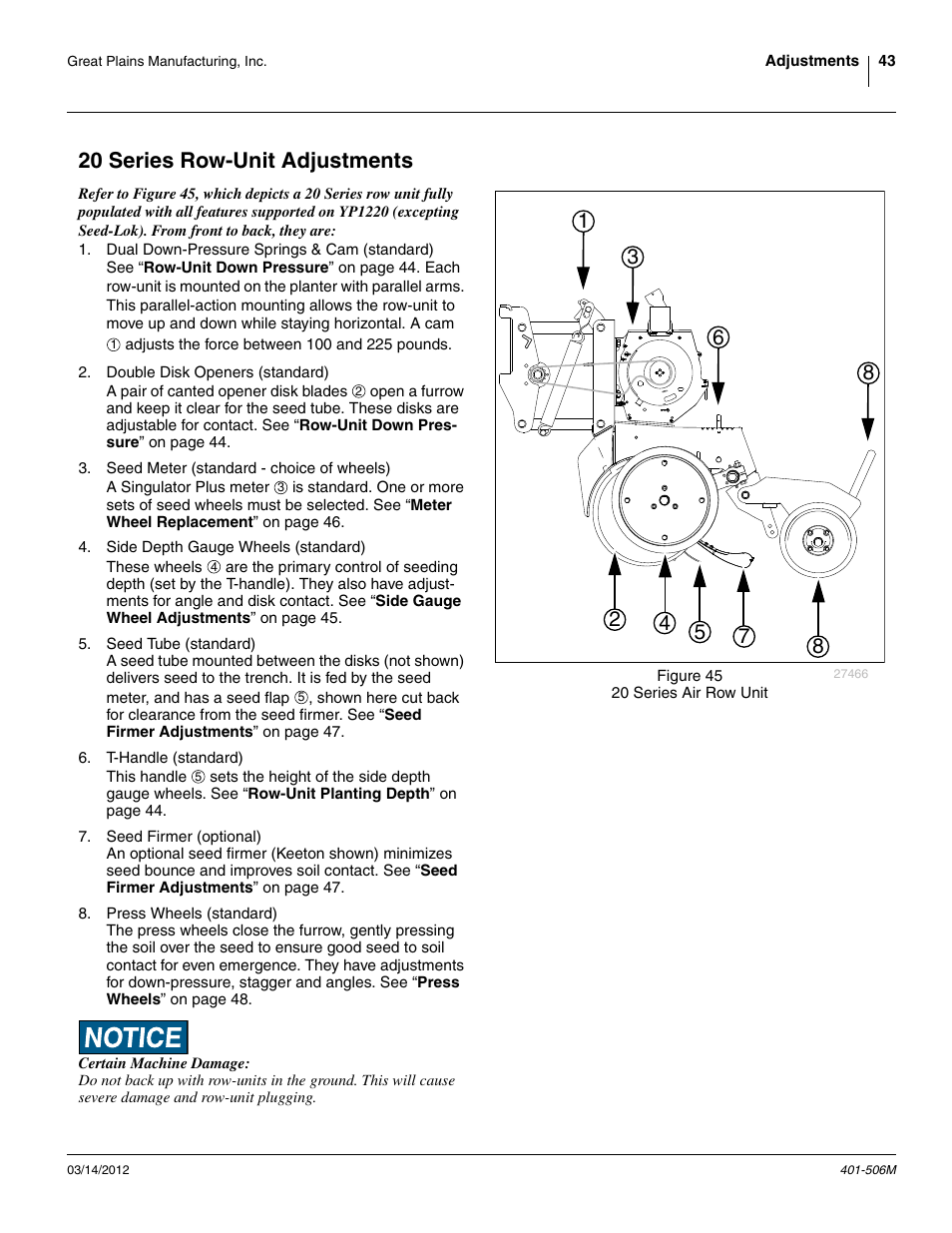 20 series row-unit adjustments | Great Plains YP1220 Operator Manual User Manual | Page 47 / 90