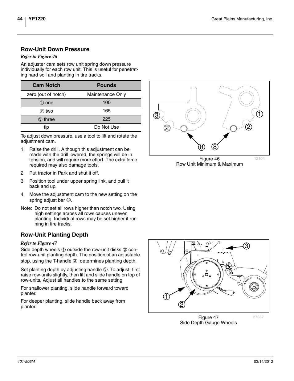 Row-unit down pressure, Row-unit planting depth, Row-unit down pressure row-unit planting depth | Great Plains YP1220 Operator Manual User Manual | Page 48 / 90