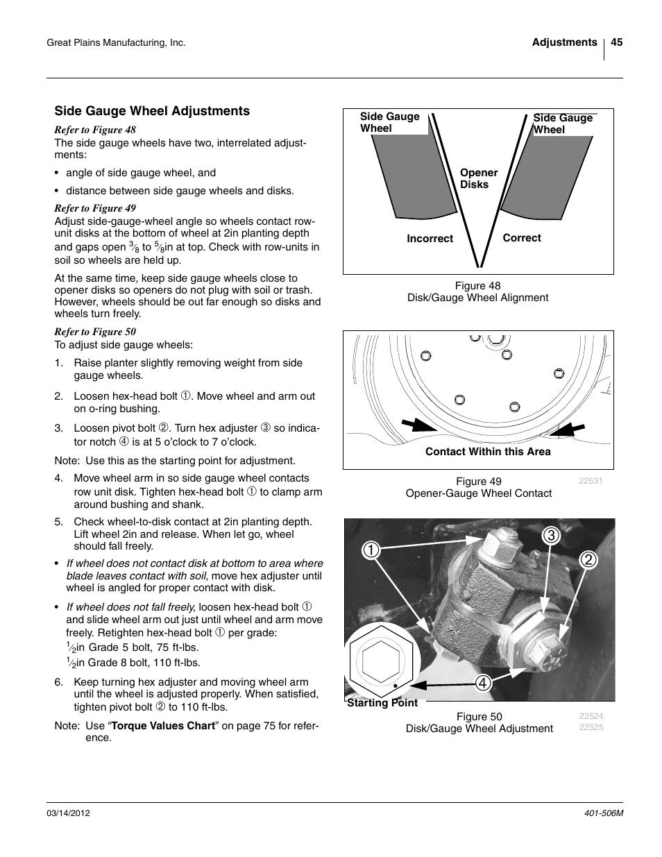 Side gauge wheel adjustments | Great Plains YP1220 Operator Manual User Manual | Page 49 / 90