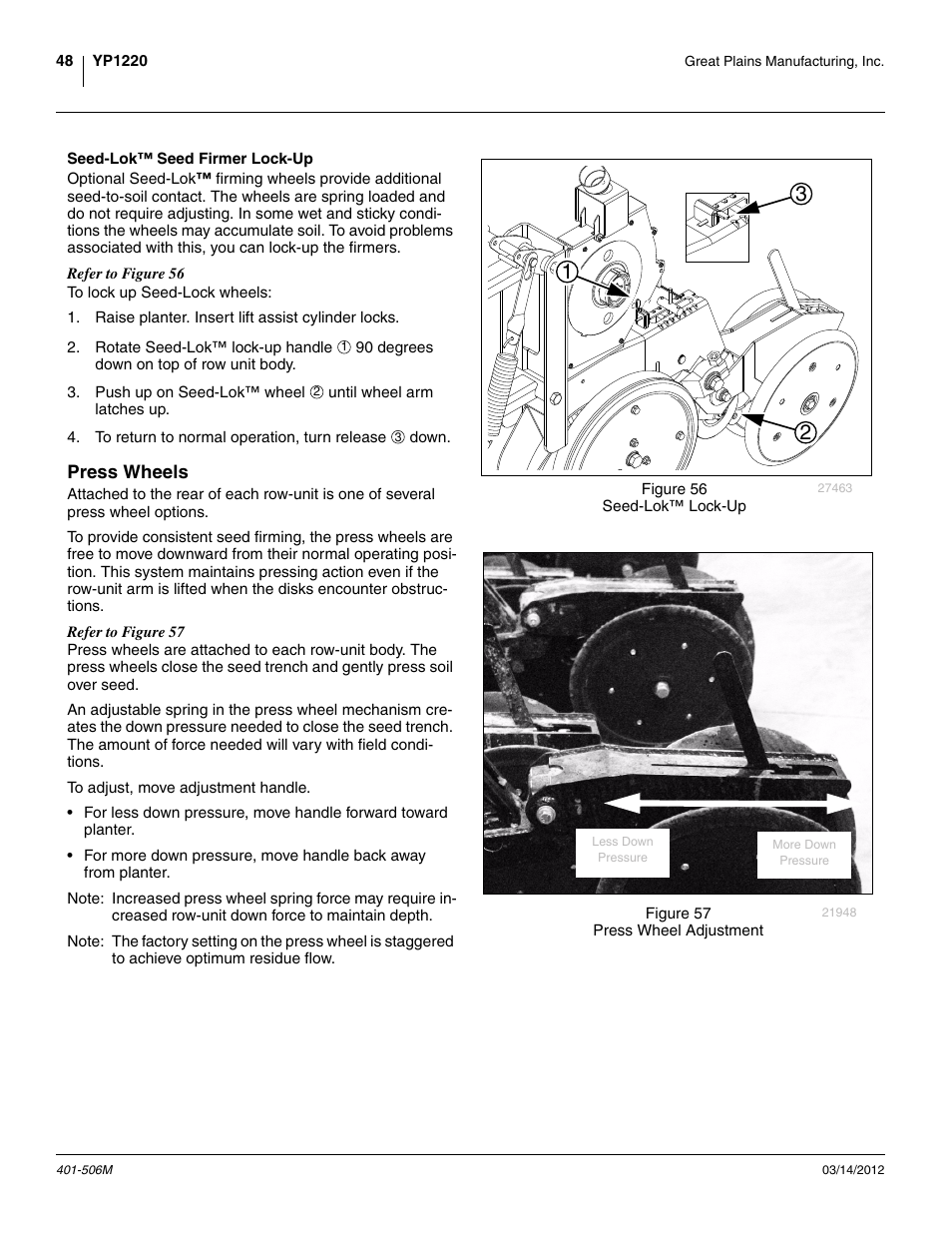 Seed-lok™ seed firmer lock-up, Press wheels | Great Plains YP1220 Operator Manual User Manual | Page 52 / 90