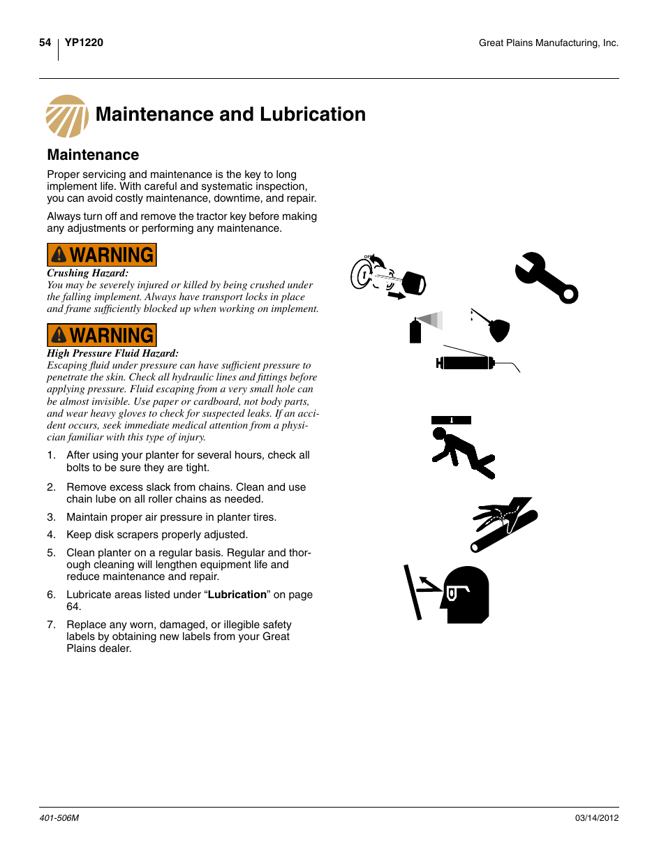 Maintenance and lubrication, Maintenance, Maintenance and lubrication maintenance | Great Plains YP1220 Operator Manual User Manual | Page 58 / 90