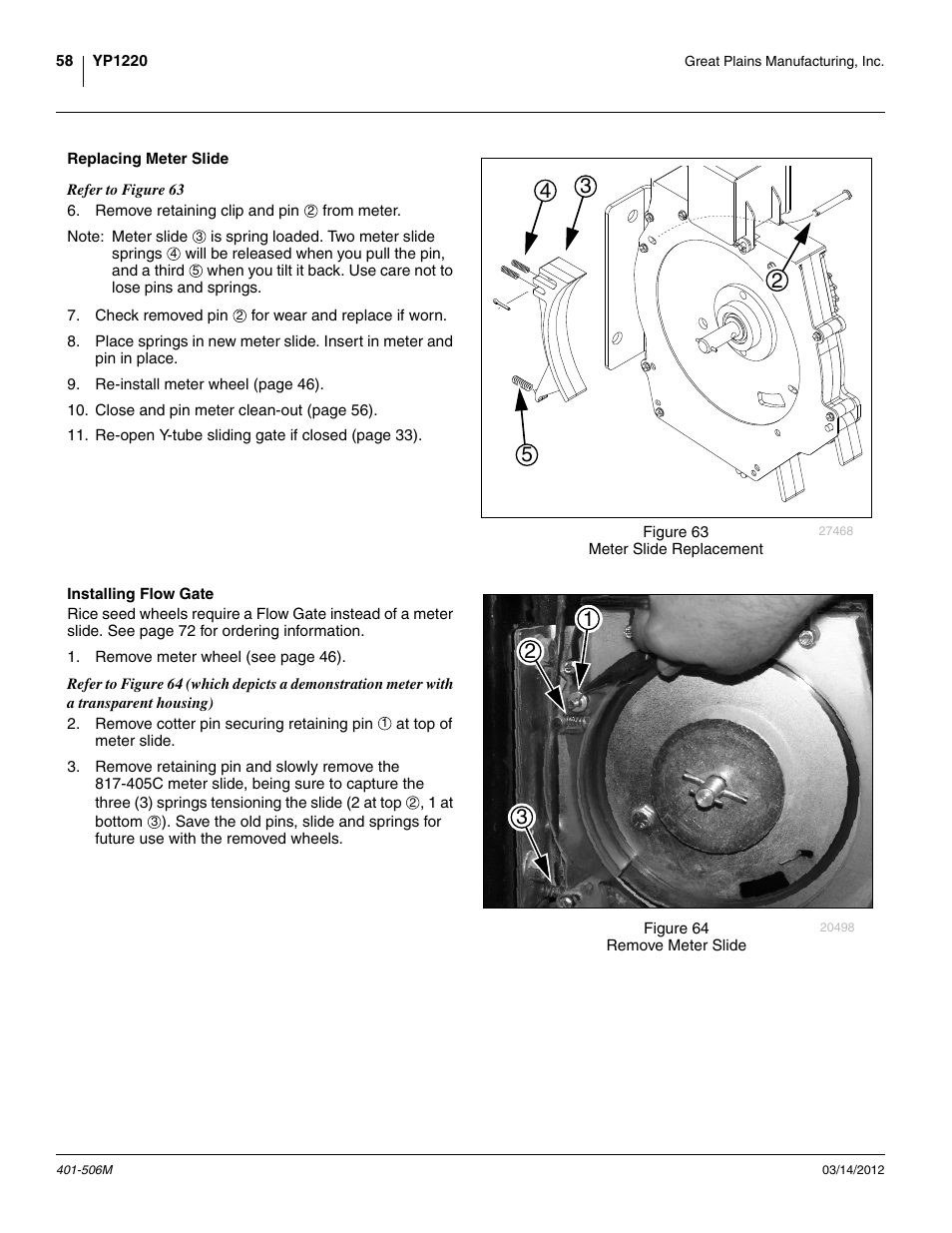 Replacing meter slide, Installing flow gate, Replacing meter slide installing flow gate | Ue with step 6 to replace | Great Plains YP1220 Operator Manual User Manual | Page 62 / 90
