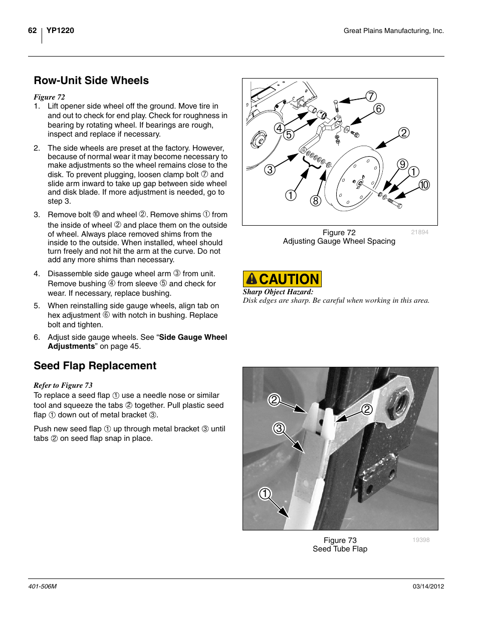 Row-unit side wheels, Seed flap replacement, Row-unit side wheels seed flap replacement | Great Plains YP1220 Operator Manual User Manual | Page 66 / 90