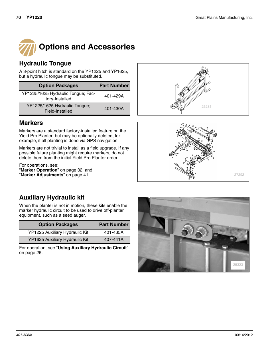 Options and accessories, Hydraulic tongue, Markers | Auxiliary hydraulic kit | Great Plains YP1220 Operator Manual User Manual | Page 74 / 90