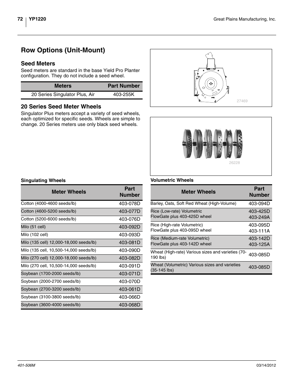 Row options (unit-mount), Seed meters, 20 series seed meter wheels | Singulating wheels, Volumetric wheels, Seed meters 20 series seed meter wheels | Great Plains YP1220 Operator Manual User Manual | Page 76 / 90