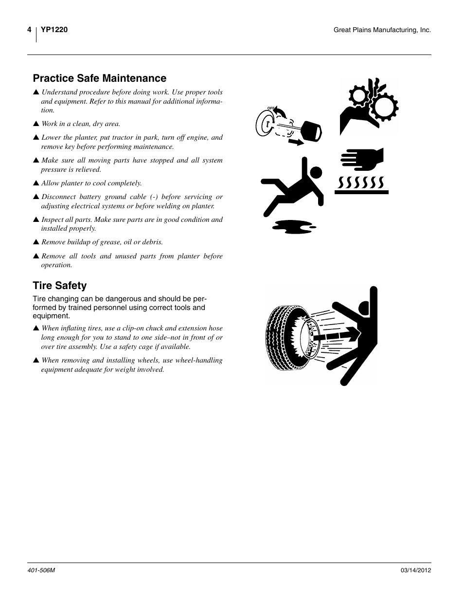 Practice safe maintenance, Tire safety | Great Plains YP1220 Operator Manual User Manual | Page 8 / 90