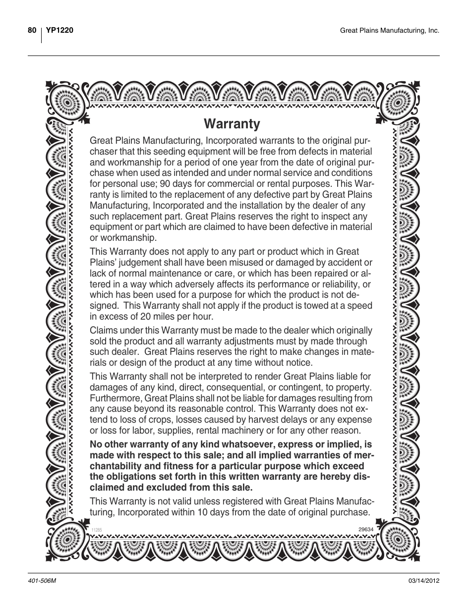Warranty | Great Plains YP1220 Operator Manual User Manual | Page 84 / 90