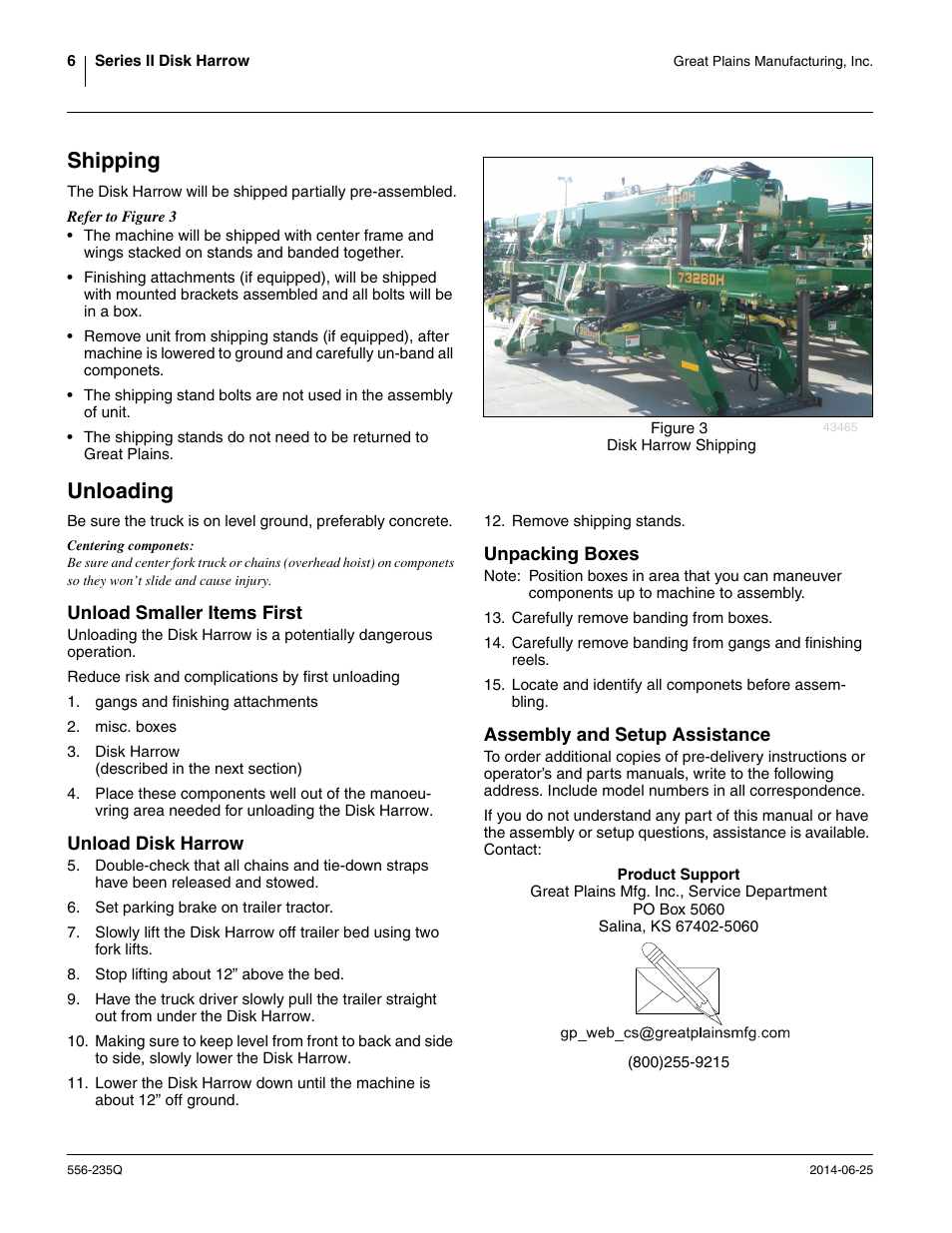 Shipping, Unloading, Unload smaller items first | Unload disk harrow, Unpacking boxes, Assembly and setup assistance, Shipping unloading | Great Plains 7336 DH Predelivery Manual User Manual | Page 10 / 66
