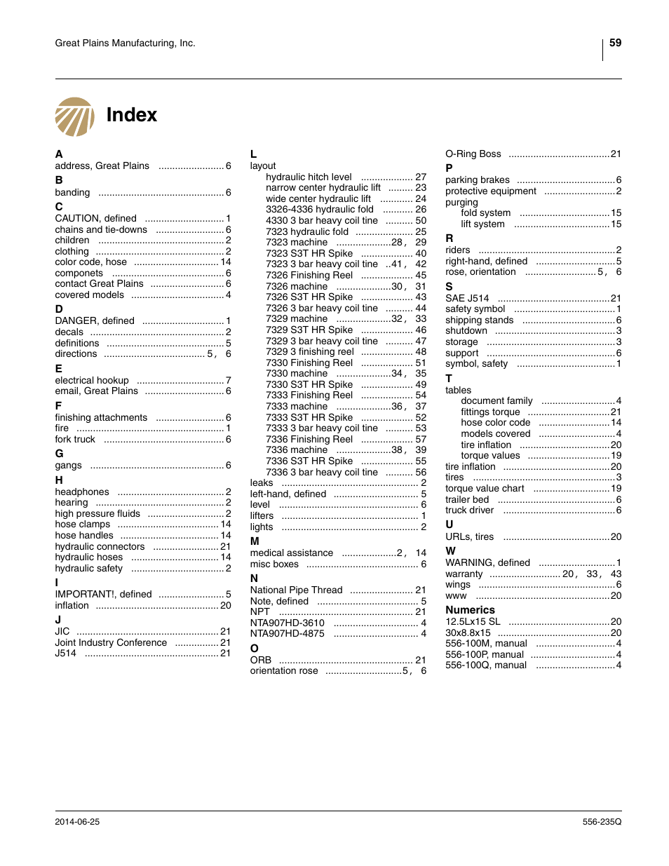 Index | Great Plains 7336 DH Predelivery Manual User Manual | Page 63 / 66