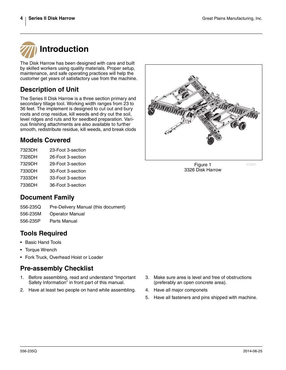 Introduction, Description of unit, Models covered | Document family, Tools required, Pre-assembly checklist, Models covered document family tools required | Great Plains 7336 DH Predelivery Manual User Manual | Page 8 / 66