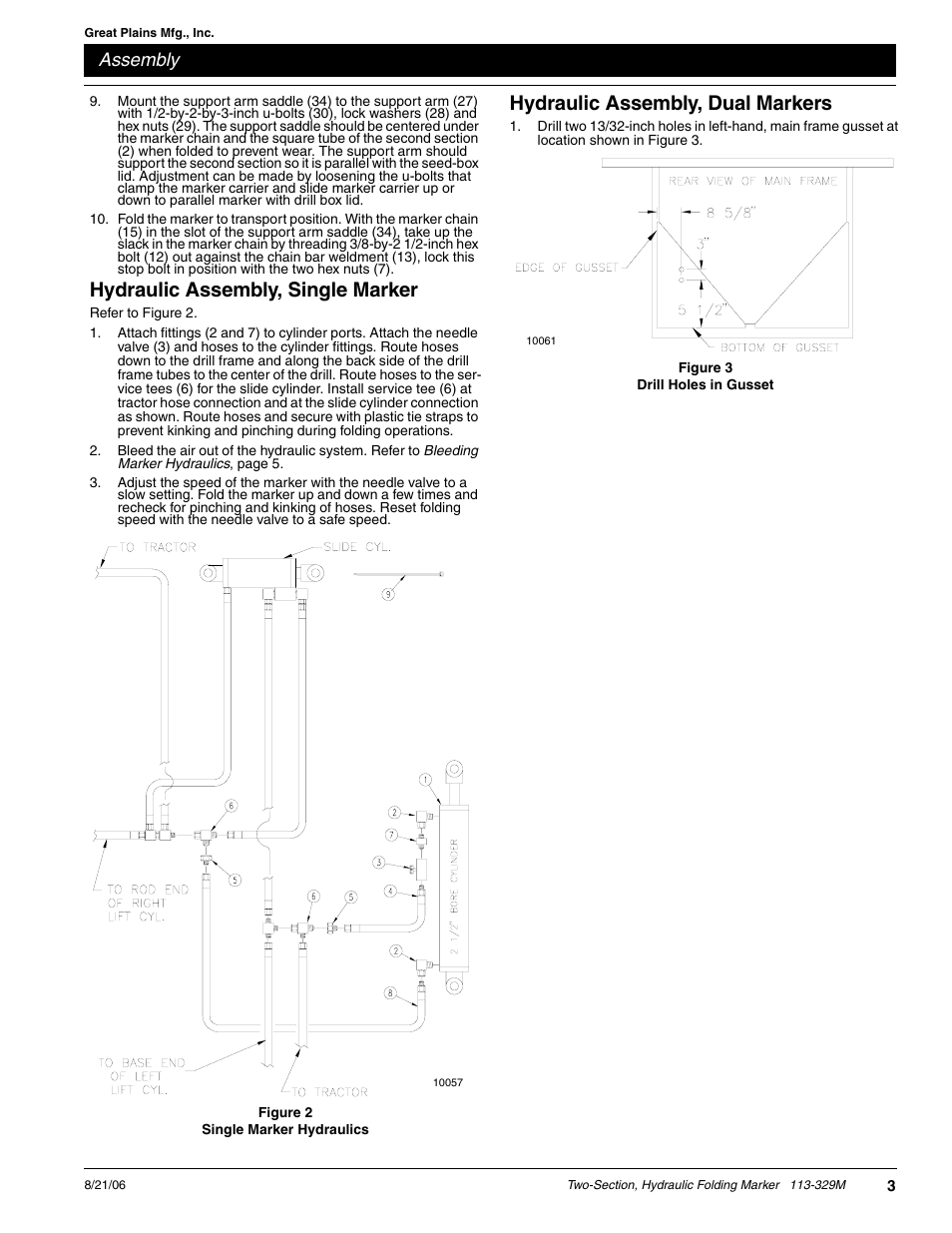 Hydraulic assembly, dual markers, Hydraulic assembly, single marker, Assembly | Great Plains 2SNG30 Assembly Instructions User Manual | Page 3 / 6
