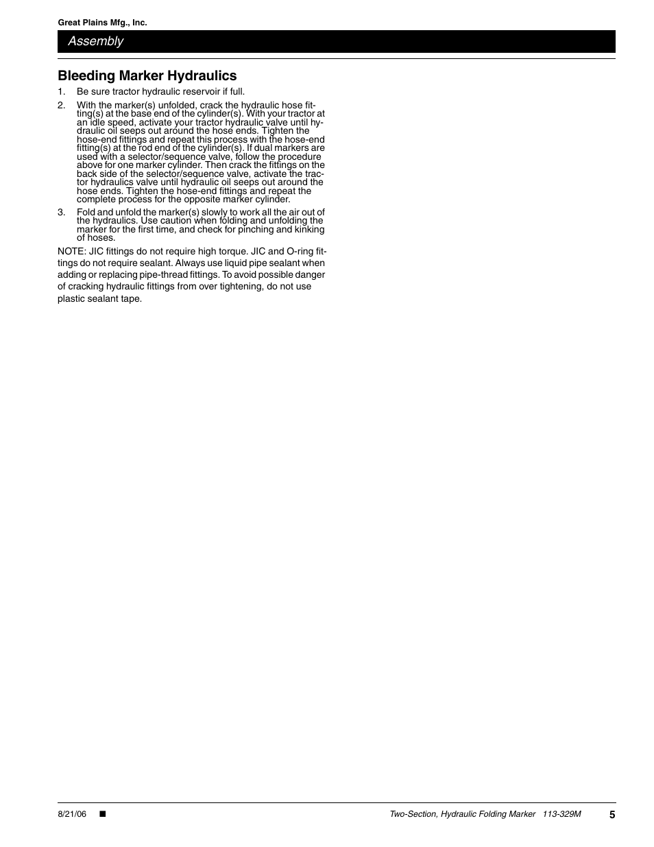 Bleeding marker hydraulics, Assembly | Great Plains 2SNG30 Assembly Instructions User Manual | Page 5 / 6