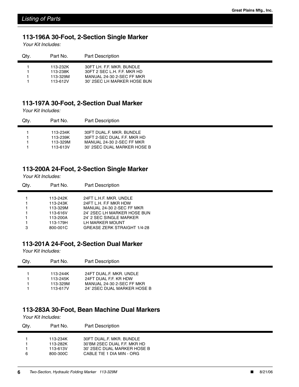 Listing of parts | Great Plains 2SNG30 Assembly Instructions User Manual | Page 6 / 6