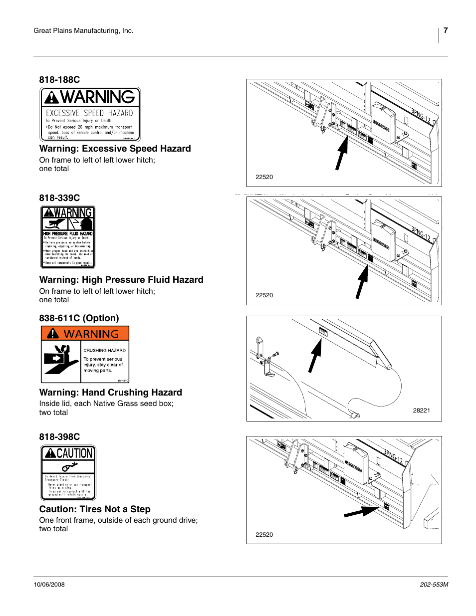 188c warning: excessive speed hazard, 339c warning: high pressure fluid hazard, 611c (option) warning: hand crushing hazard | 398c caution: tires not a step | Great Plains 3PNG15 Operator Manual User Manual | Page 11 / 58