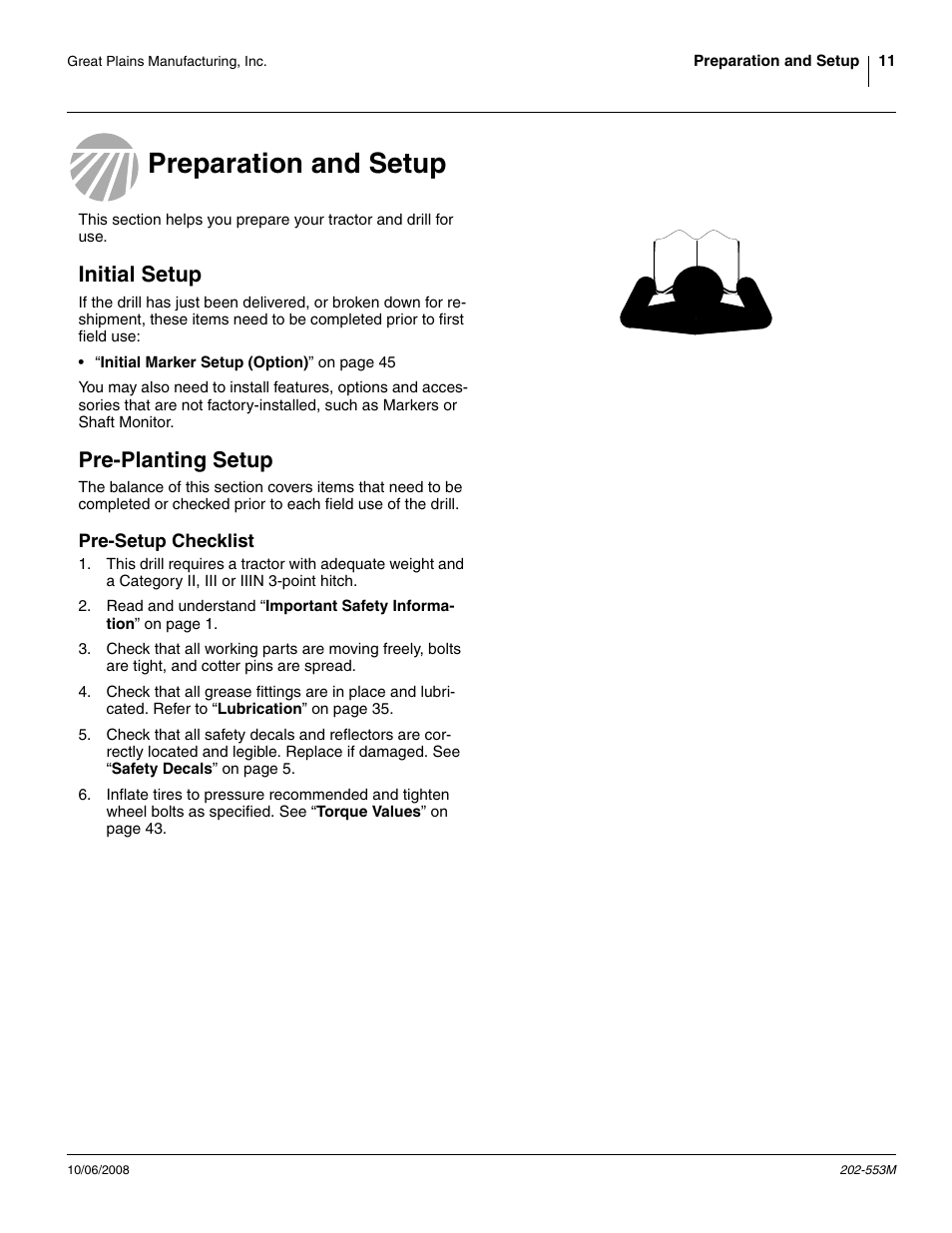 Preparation and setup, Initial setup, Pre-planting setup | Pre-setup checklist, Initial setup pre-planting setup | Great Plains 3PNG15 Operator Manual User Manual | Page 15 / 58