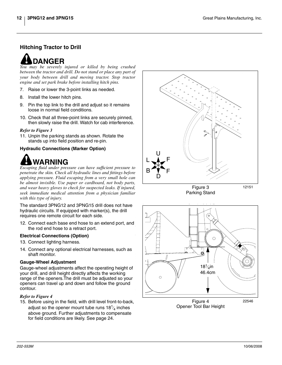 Hitching tractor to drill, Hydraulic connections (marker option), Electrical connections (option) | Gauge-wheel adjustment, Danger, Warning | Great Plains 3PNG15 Operator Manual User Manual | Page 16 / 58