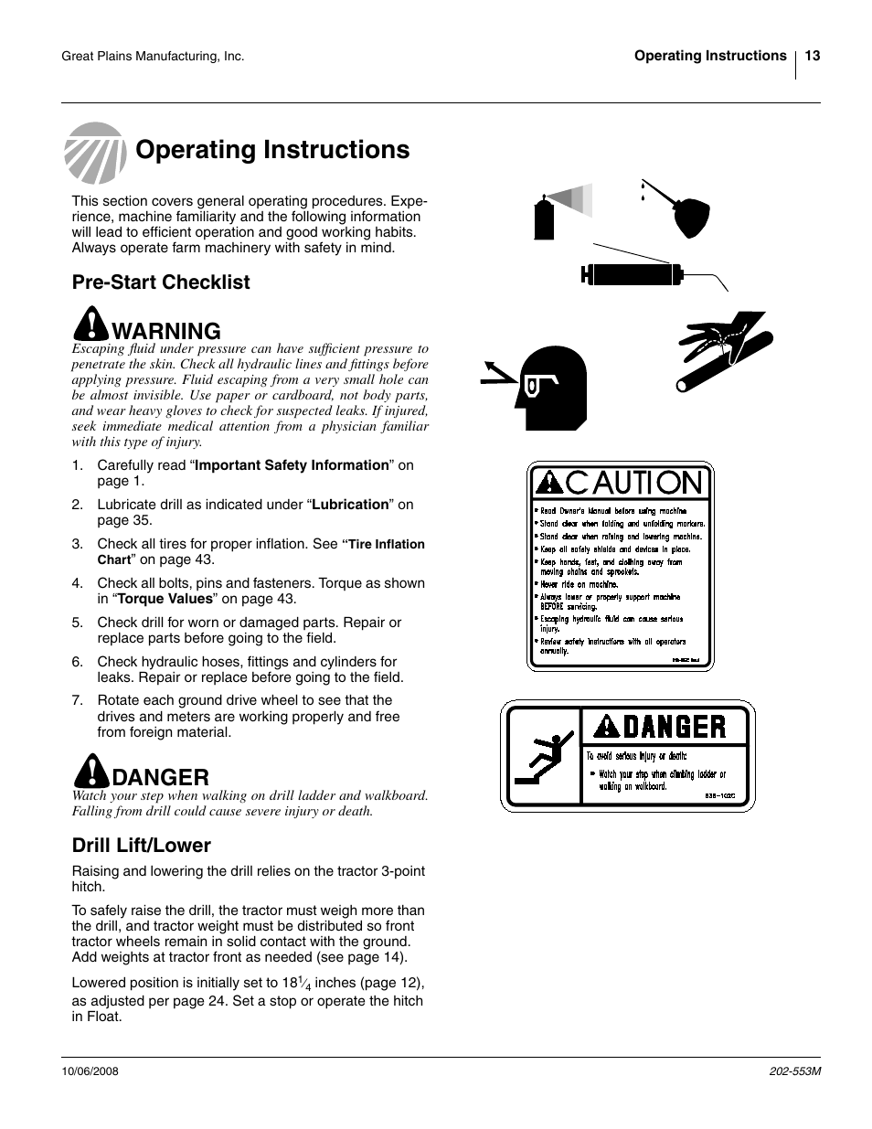 Operating instructions, Pre-start checklist, Drill lift/lower | Pre-start checklist drill lift/lower, Warning, Danger | Great Plains 3PNG15 Operator Manual User Manual | Page 17 / 58