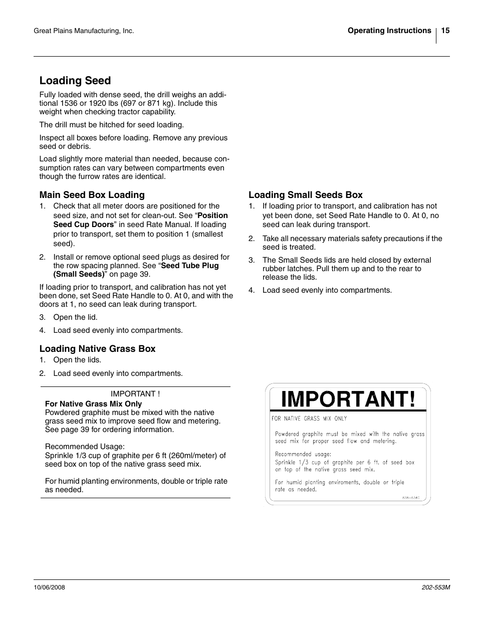Loading seed, Main seed box loading, Loading native grass box | Loading small seeds box | Great Plains 3PNG15 Operator Manual User Manual | Page 19 / 58