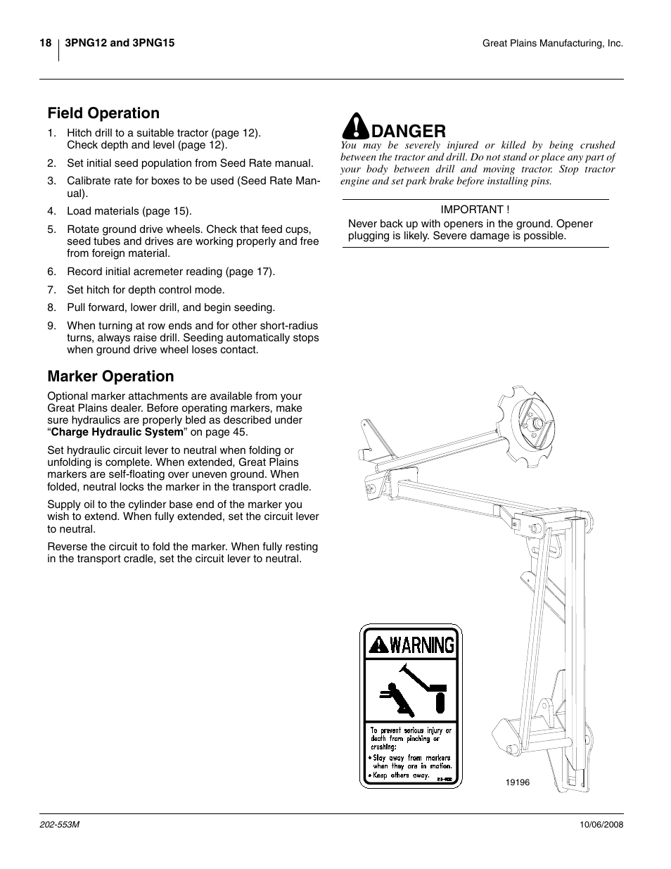 Field operation, Marker operation, Field operation marker operation | Danger | Great Plains 3PNG15 Operator Manual User Manual | Page 22 / 58