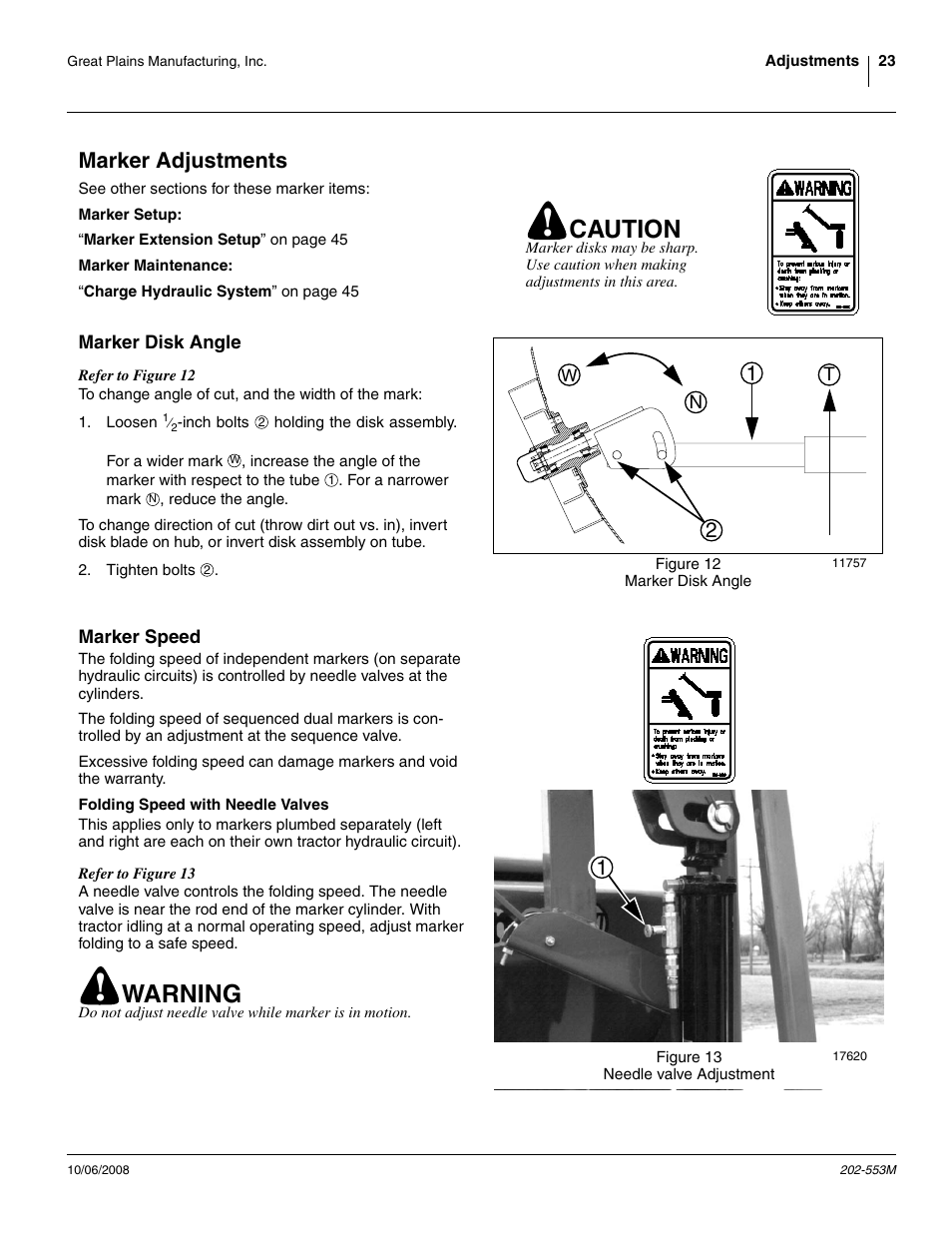 Marker adjustments, Marker disk angle, Marker speed | Folding speed with needle valves, Marker disk angle marker speed, Warning, Caution | Great Plains 3PNG15 Operator Manual User Manual | Page 27 / 58