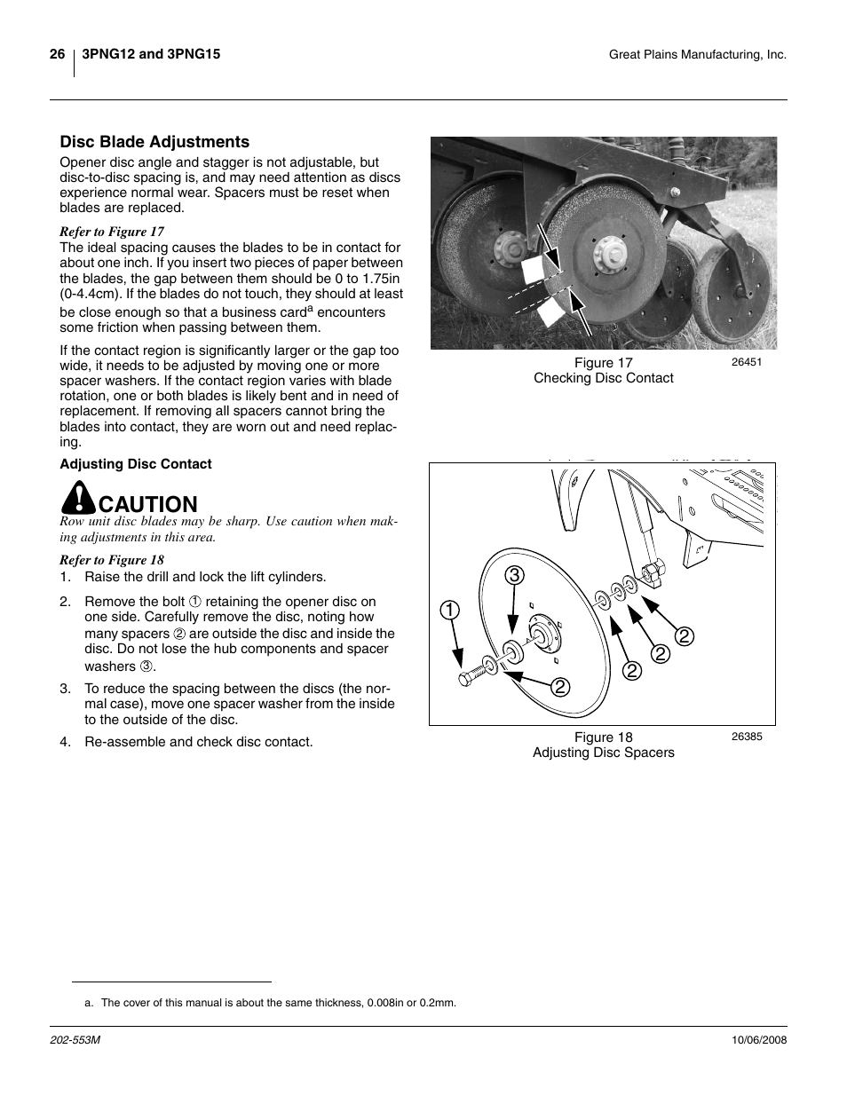 Disc blade adjustments, Adjusting disc contact, Disc blade adjustments (as b | Caution | Great Plains 3PNG15 Operator Manual User Manual | Page 30 / 58