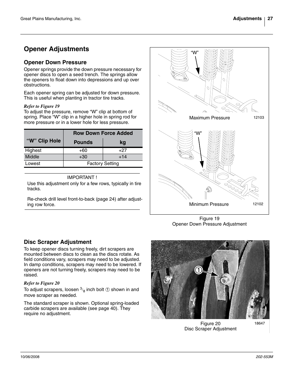 Opener adjustments, Opener down pressure, Disc scraper adjustment | Opener down pressure disc scraper adjustment, Opener down pressure, and | Great Plains 3PNG15 Operator Manual User Manual | Page 31 / 58