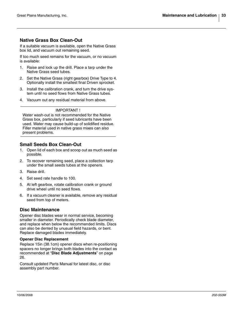 Native grass box clean-out, Small seeds box clean-out, Disc maintenance | Opener disc replacement | Great Plains 3PNG15 Operator Manual User Manual | Page 37 / 58