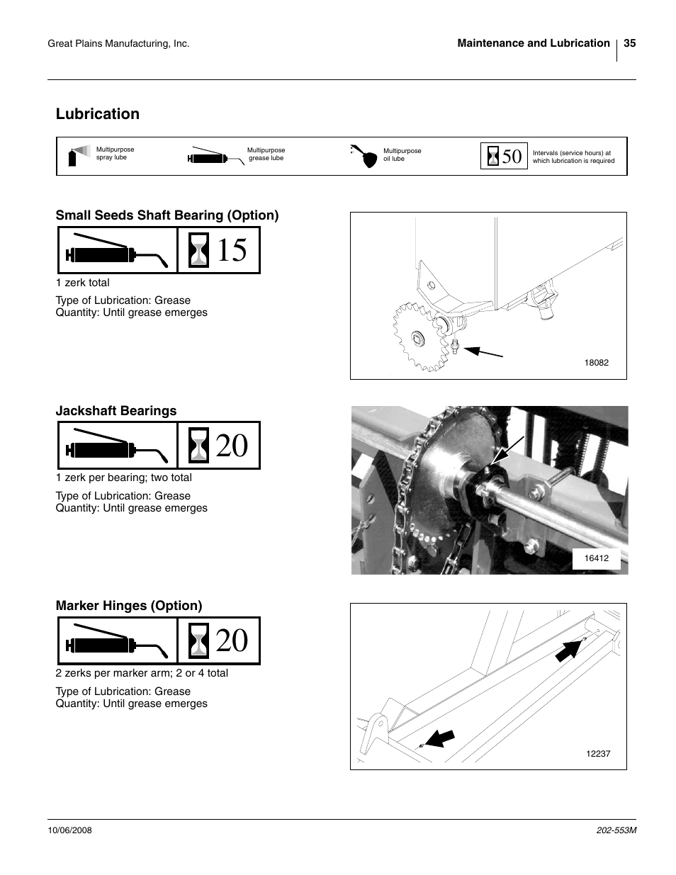 Lubrication, Small seeds shaft bearing (option), Jackshaft bearings | Marker hinges (option) | Great Plains 3PNG15 Operator Manual User Manual | Page 39 / 58