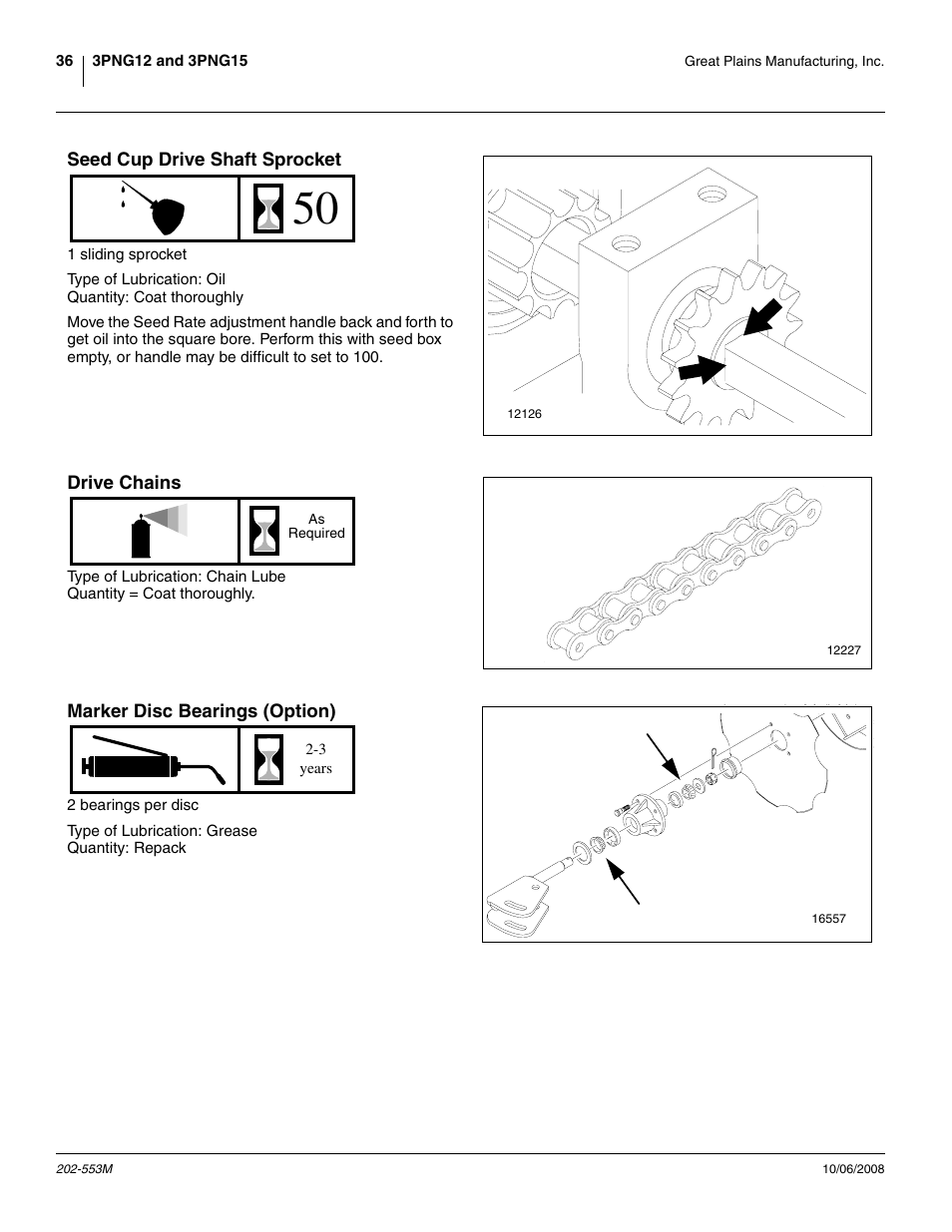 Seed cup drive shaft sprocket, Drive chains, Marker disc bearings (option) | Great Plains 3PNG15 Operator Manual User Manual | Page 40 / 58