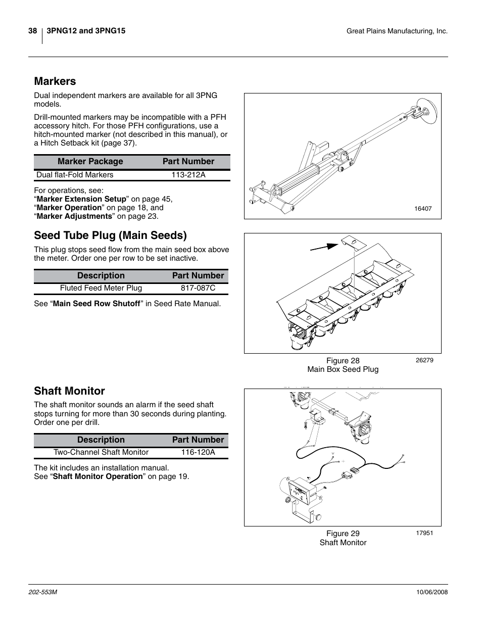 Markers, Seed tube plug (main seeds), Shaft monitor | Markers seed tube plug (main seeds) shaft monitor | Great Plains 3PNG15 Operator Manual User Manual | Page 42 / 58