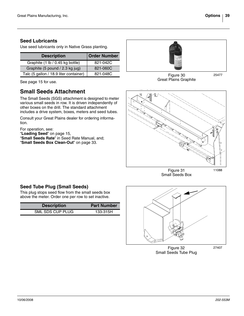 Seed lubricants, Small seeds attachment, Seed tube plug (small seeds) | Great Plains 3PNG15 Operator Manual User Manual | Page 43 / 58