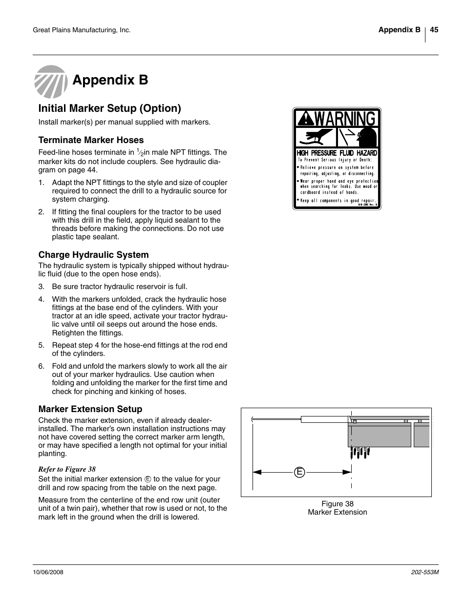 Appendix b, Initial marker setup (option), Terminate marker hoses | Charge hydraulic system, Marker extension setup | Great Plains 3PNG15 Operator Manual User Manual | Page 49 / 58