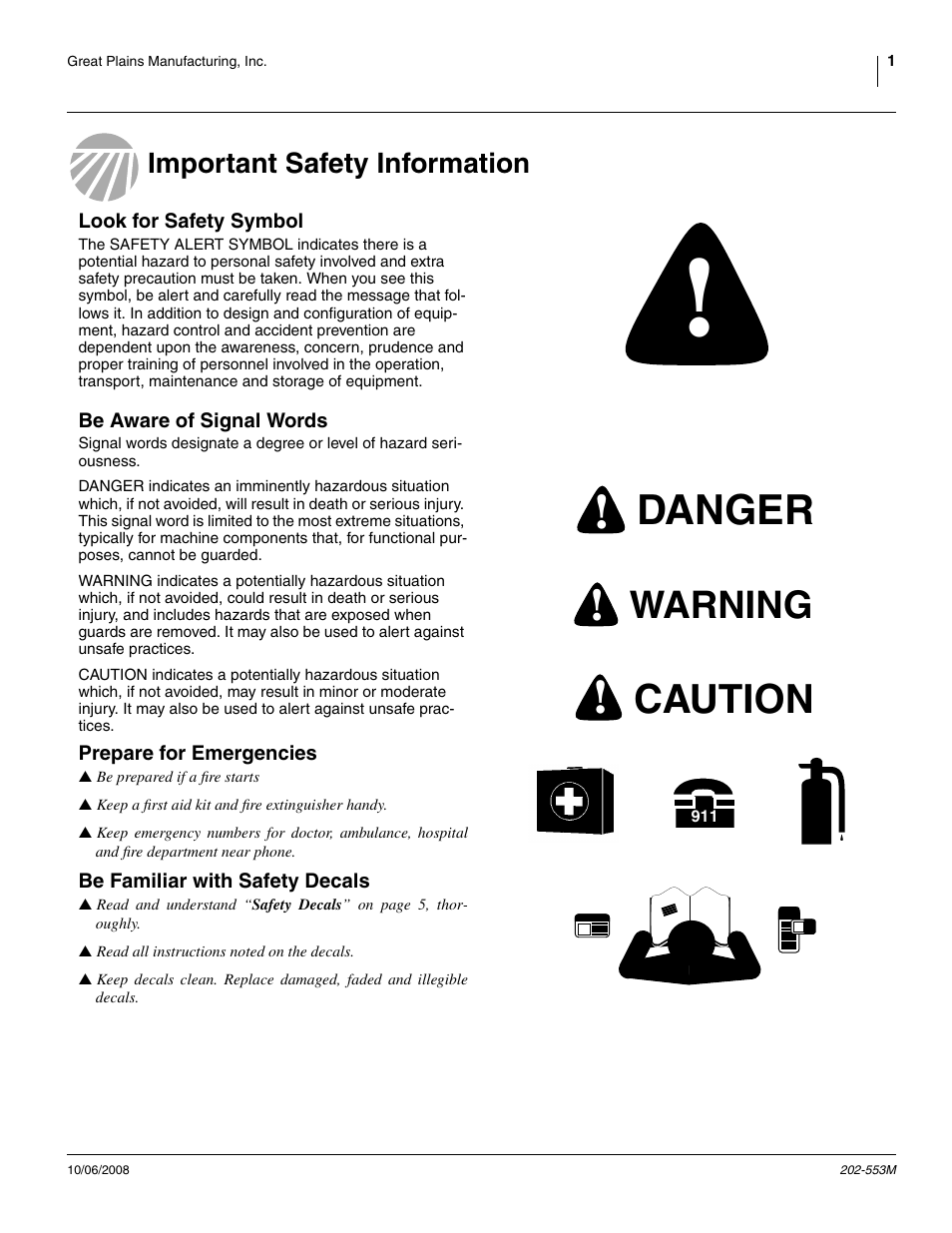 Important safety information, Look for safety symbol, Be aware of signal words | Prepare for emergencies, Be familiar with safety decals, Danger, Caution, Warning | Great Plains 3PNG15 Operator Manual User Manual | Page 5 / 58
